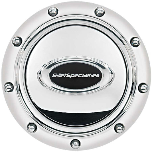 Horn Button Riveted Polished w/Black Logo - Billet Specialties | Evolution Auto Retroworks