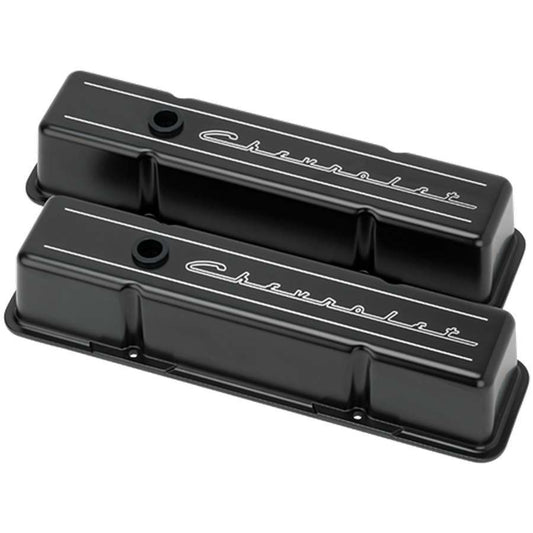 SBC Tall Valve Covers Chevrolet Script Black - Billet Specialties | Evolution Auto Retroworks