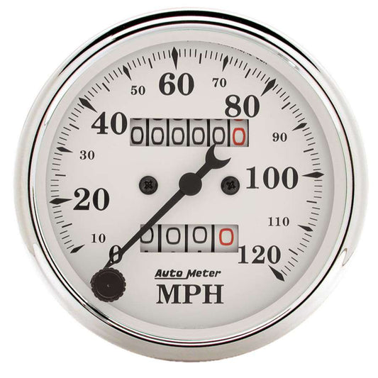Old Tyme White 3 1/8in 120MPH Mech. Speedo - AutoMeter | Evolution Auto Retroworks