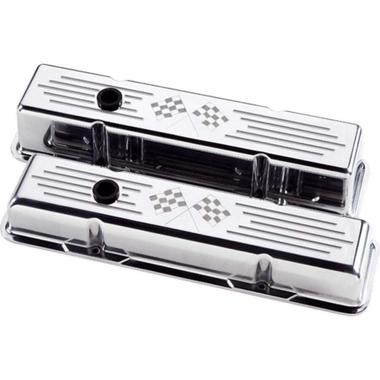 SBC Short Checkered Flag Valve Covers - Billet Specialties | Evolution Auto Retroworks