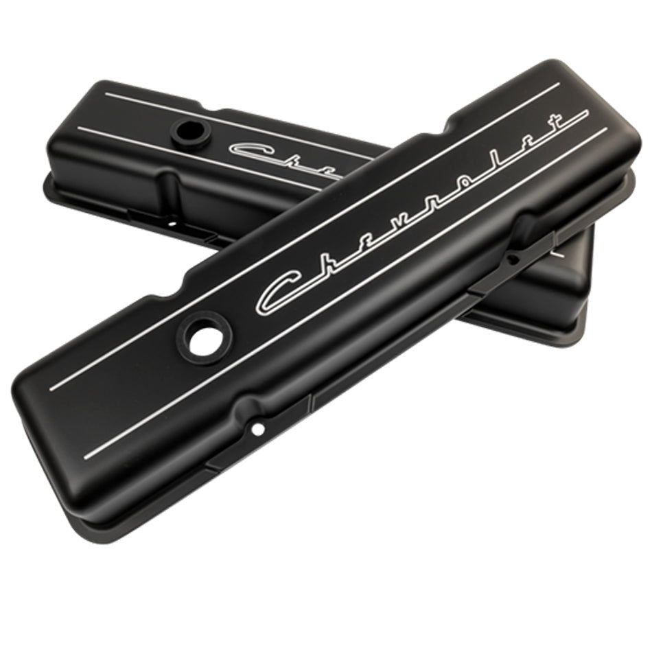 Valve Cover SBC Short Chevrolet Logo Black - Billet Specialties | Evolution Auto Retroworks