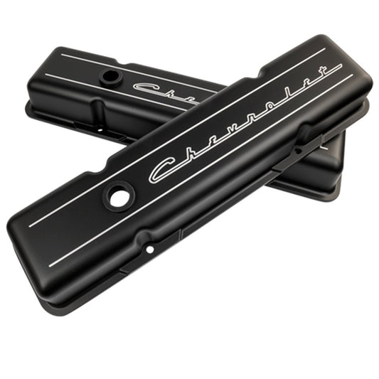 Valve Cover SBC Short Chevrolet Logo Black - Billet Specialties | Evolution Auto Retroworks