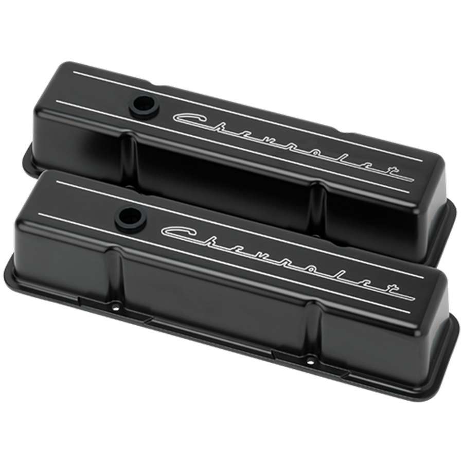 SBC Tall Valve Covers Chevrolet Script Black - Billet Specialties | Evolution Auto Retroworks