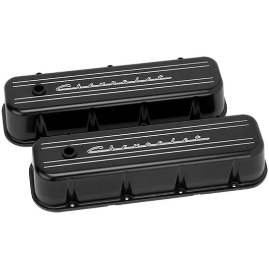 BBC Tall Valve Cover Chevrolet Script Black - Billet Specialties | Evolution Auto Retroworks